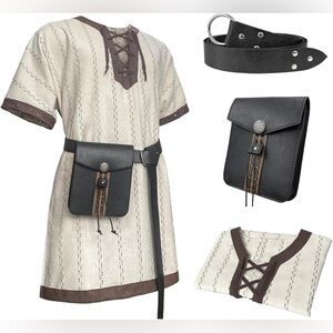 HiiFeuer Medieval Stripe Tunic with Belt and Bag for Cosplay or LARP - Size M